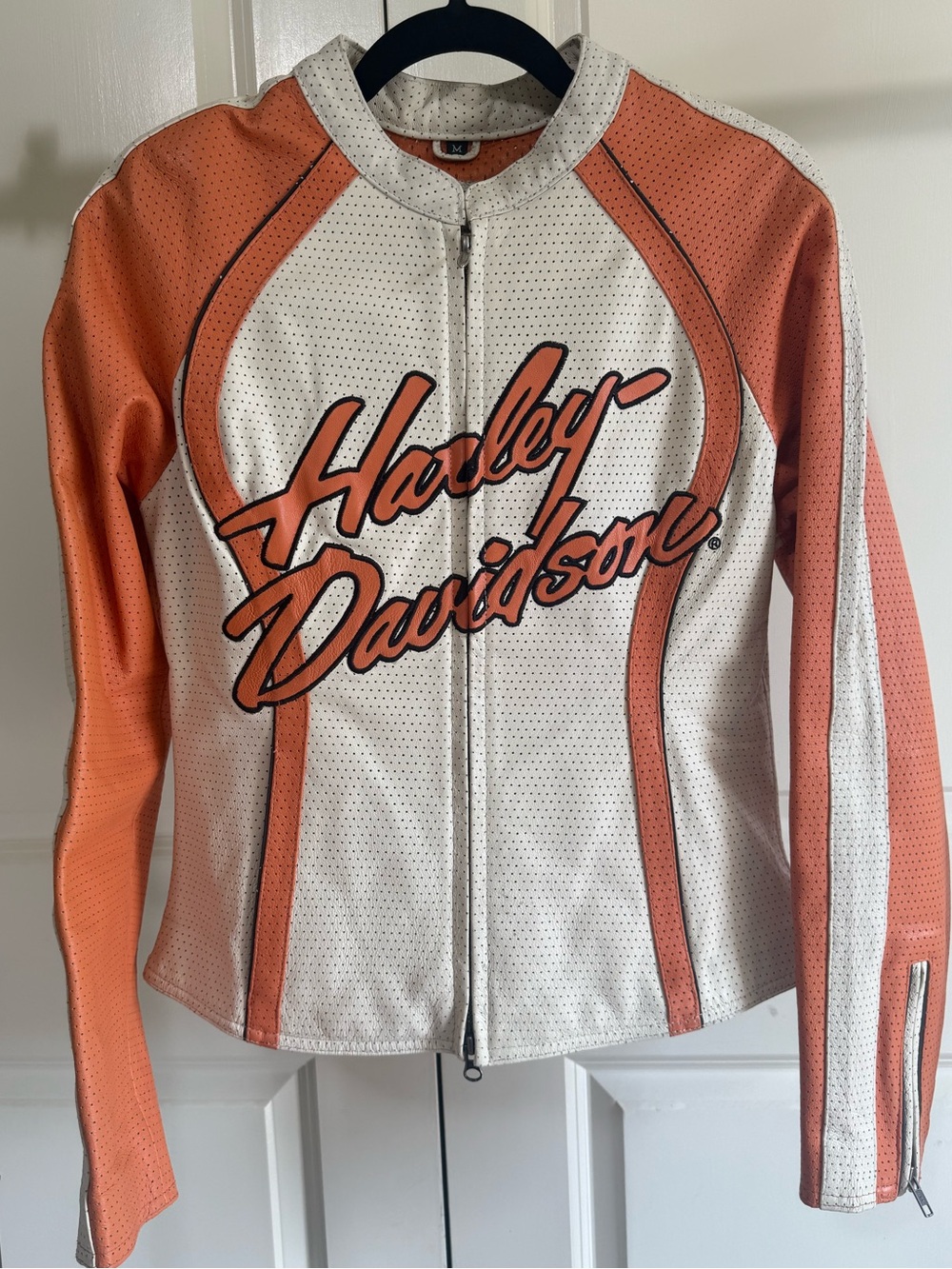 Iconic Harley-Davidson White and Orange Perforated Riding Jacket